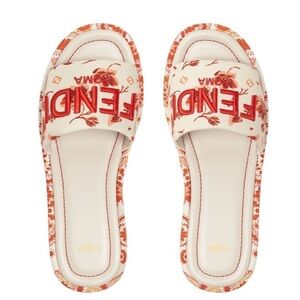 Fendi Platform Sunshine Logo Brocade Platform Slides in Camelia Lava 8R8515